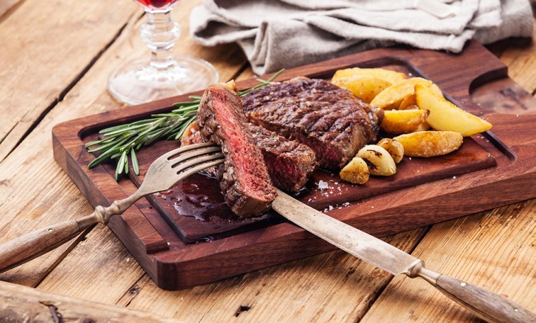 Fried potatoes go very well with a medium-roasted ribey steak.